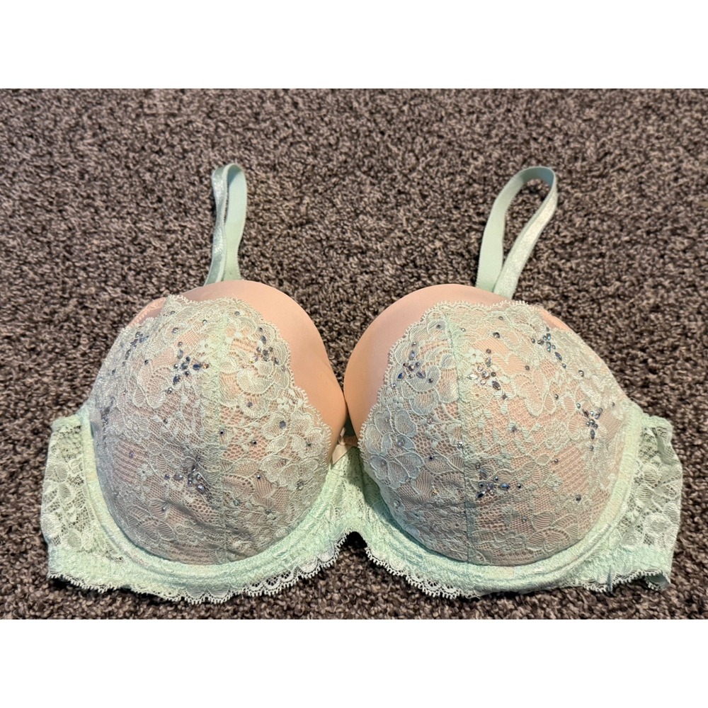 B3 Victorias Secret Dream Angels Lined Demi Bra 38D Mint Green Lace Rhinestone